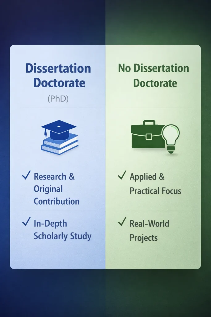 Dissertation vs No Dissertation Doctorate differentiating between research-based PhD and applied professional doctorate paths